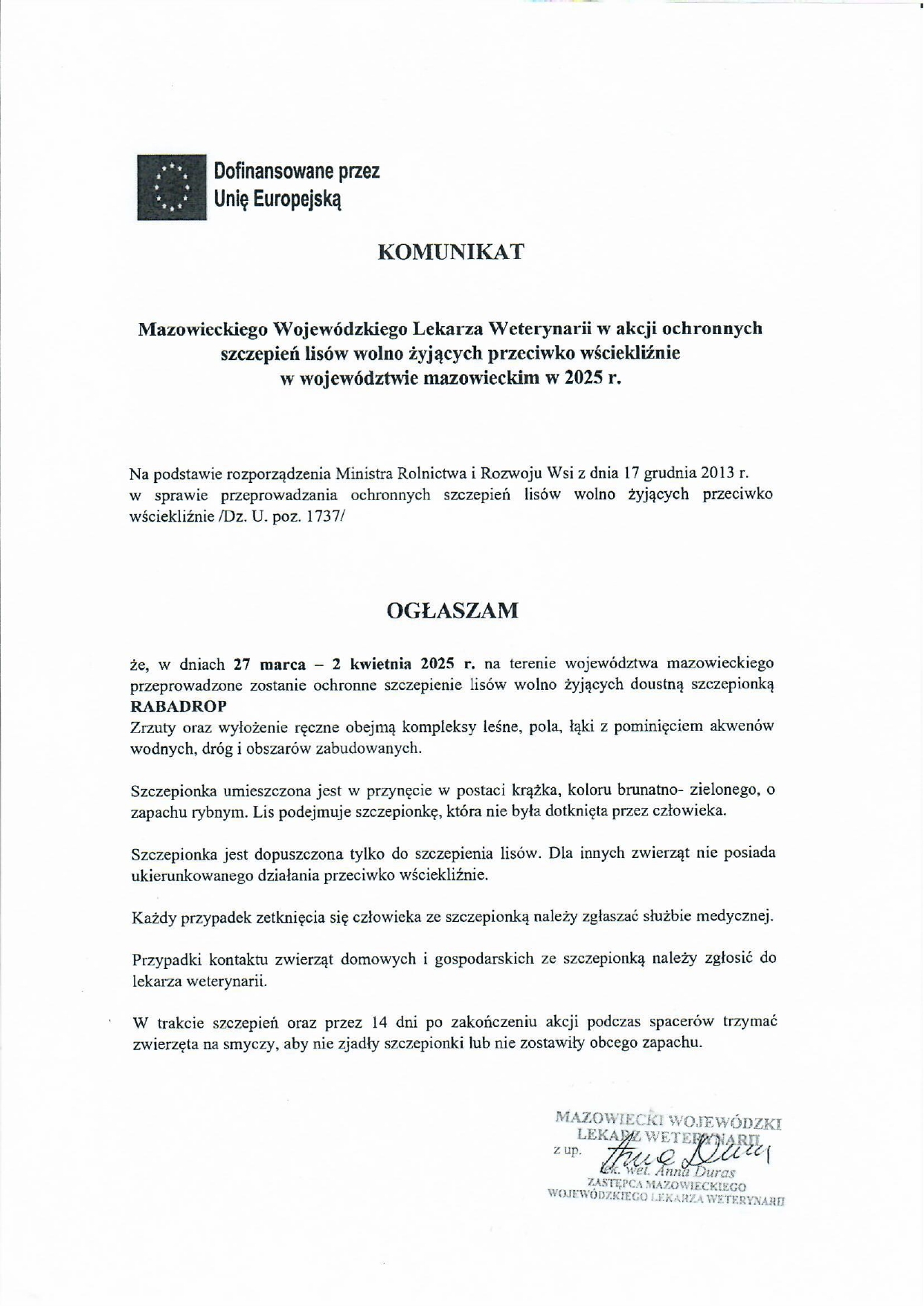 Komunikat dotyczący szczepienia lisów