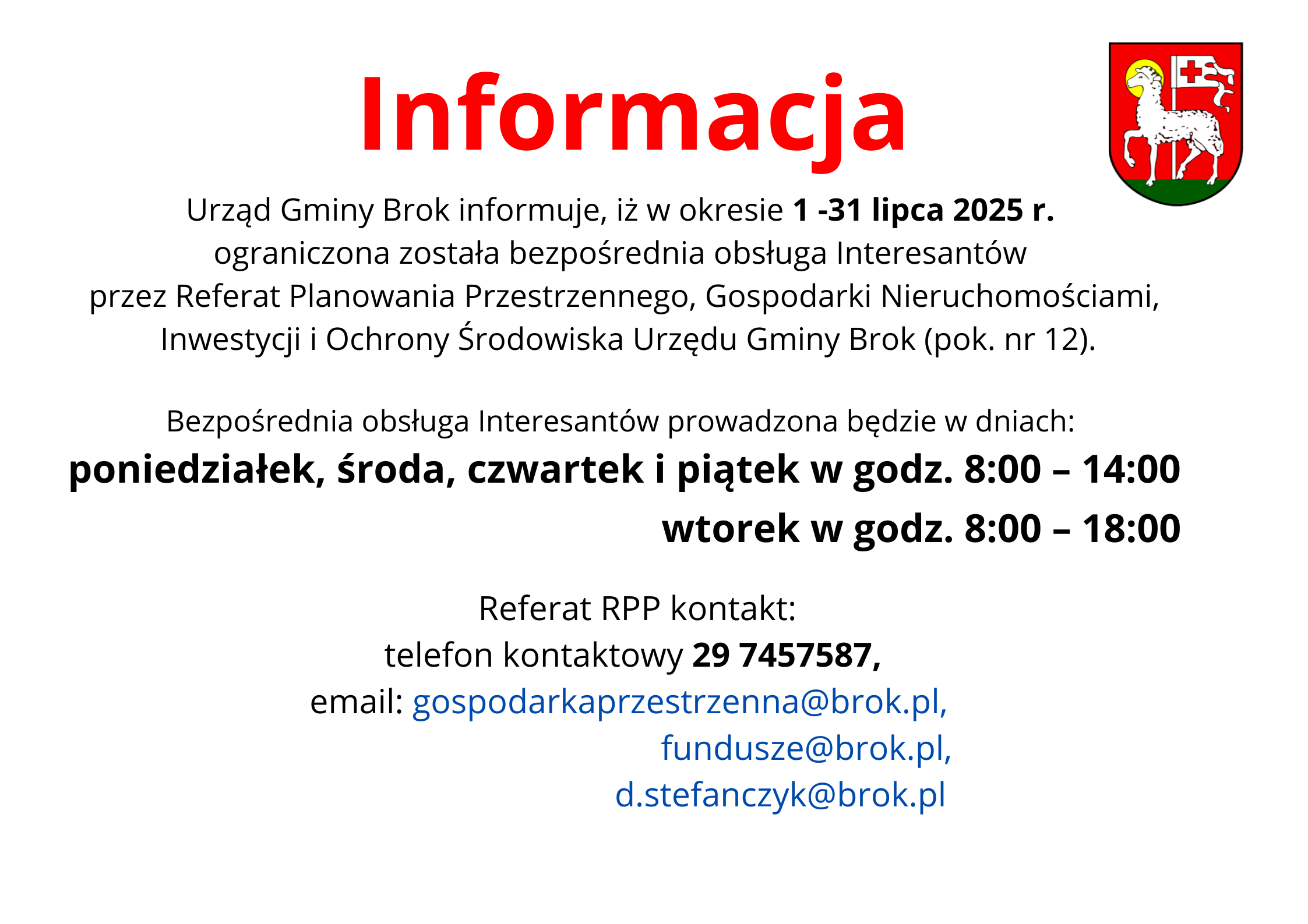 Informacja dotyczaca zmiany godzin obsługi interesantów