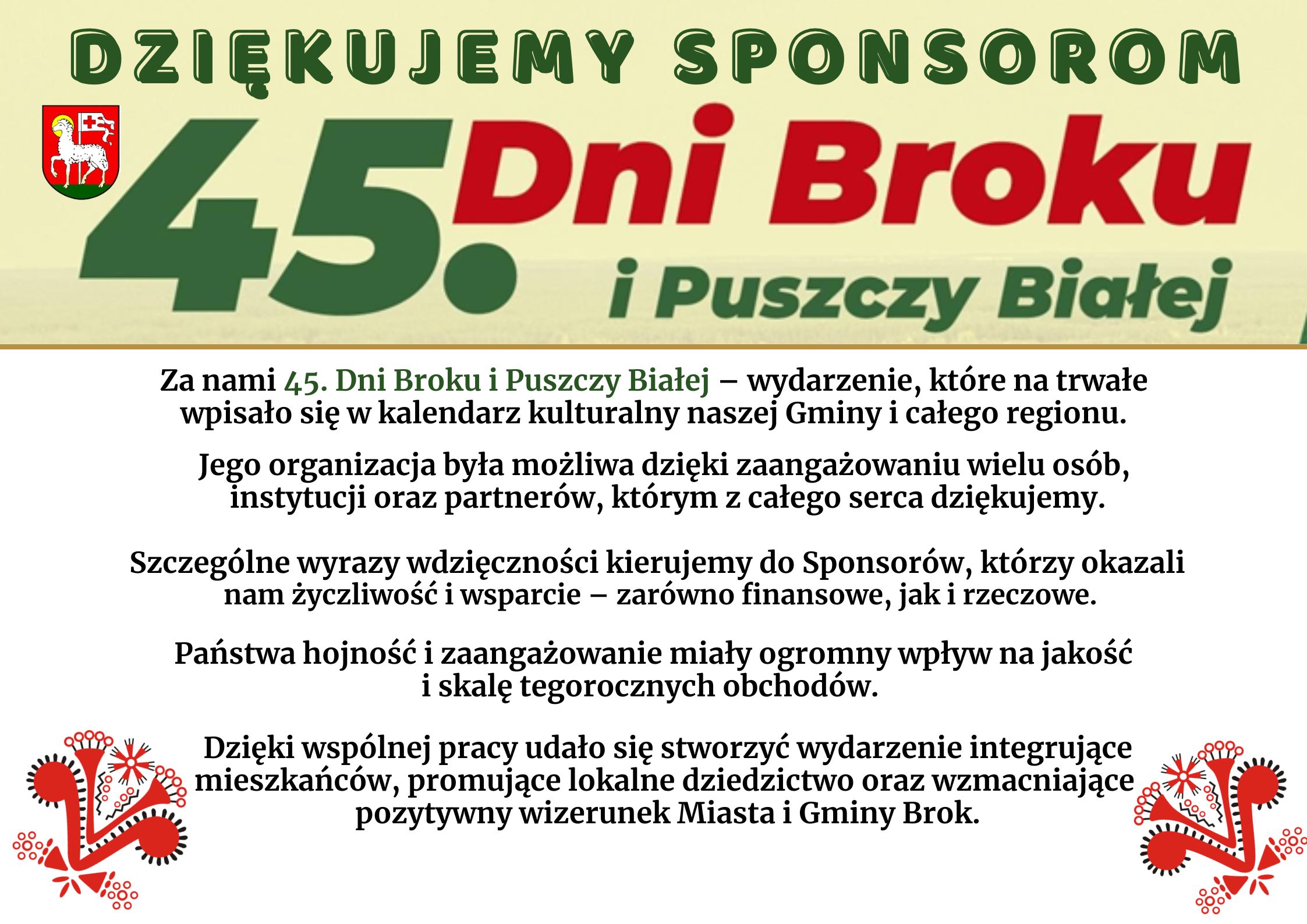 Podziękowanie dla Sponsorów 45. Dni Broku i Puszczy Białej