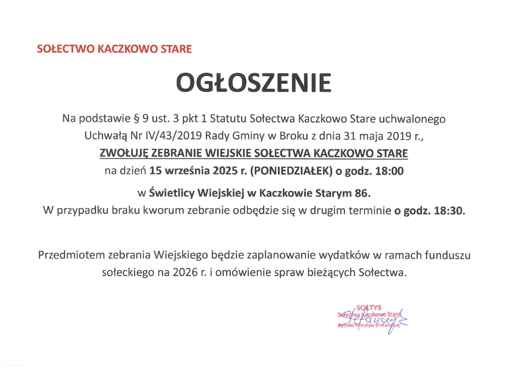 Informacje o zebraniu wiejskim