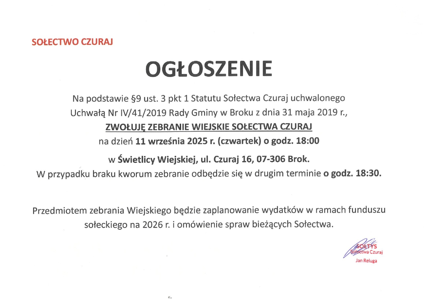 Informacje o zebraniu wiejskim